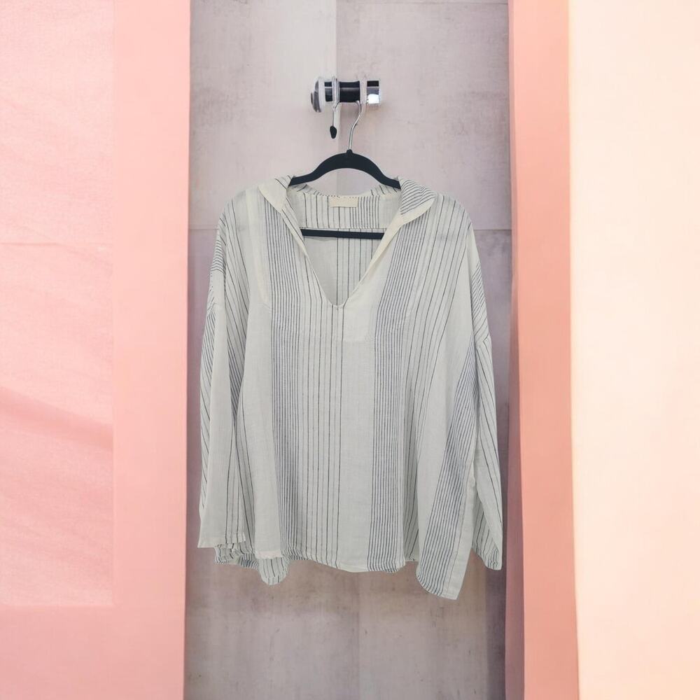 CP Shades Split Neck Striped 100% Linen Top Coastal Grandma Lagenlook Women's M